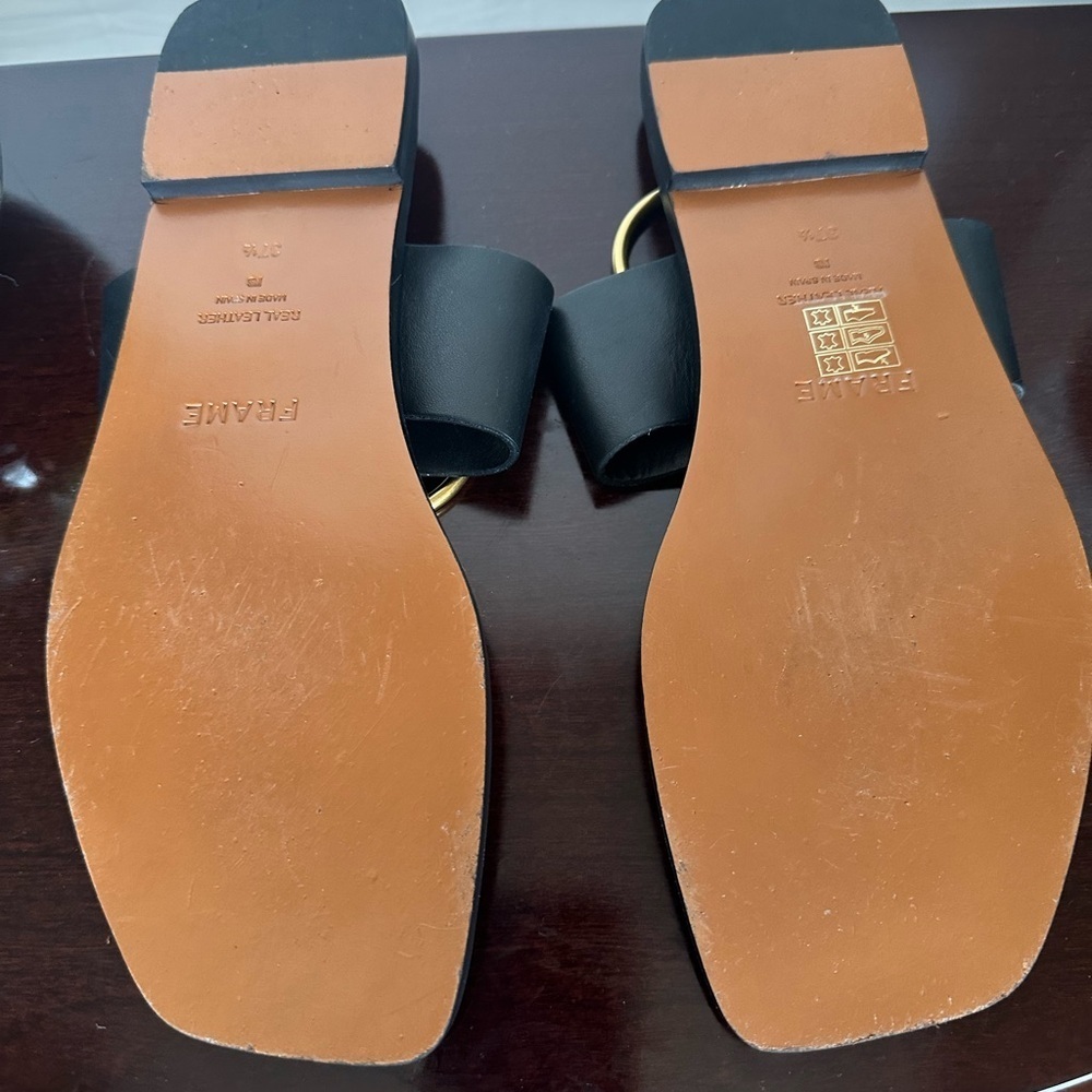 Frame Denim Black and Gold Sandals with Square Toe - Picture 2 of 5